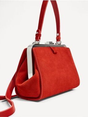 Zara Red Suede Frame Crossbody Bag with Adjustable Strap